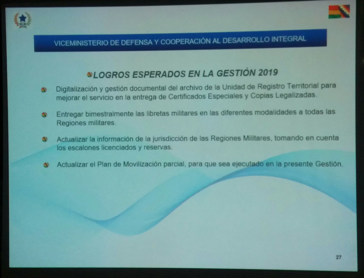 mindefbolivia's tweet photo. #Ahora / Viceministro #Begazo explica los logros esperados en la gestión 2019 por el Viceministerio de Defensa y Cooperación al Desarrollo Integral https://t.co/dOROlkAEWm