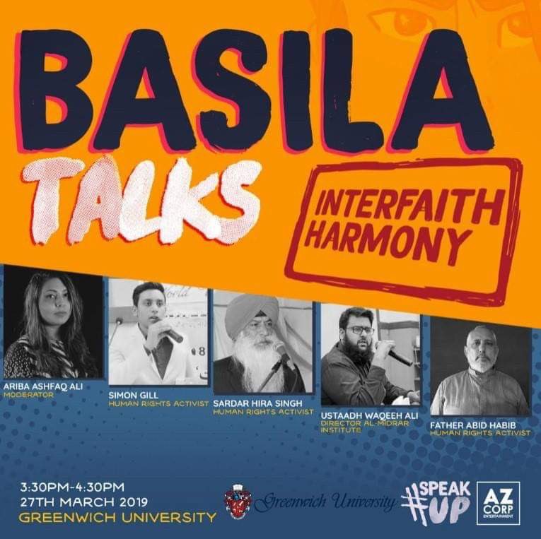 HumAawazPk's tweet photo. Join #AzCorp for the 6th episode of #Basila Talks on Interfaith Harmony on 27 March, 3:30-4:30 pm at Greenwich University, Karachi

Dedicated to New Zealand #ChristChurch massacre martyrs.

#CivilSociety updates: https://t.co/QygsSnHVAE

#HumAawaz #EqualityForAll #toleracne https://t.co/THMj9H0DZb