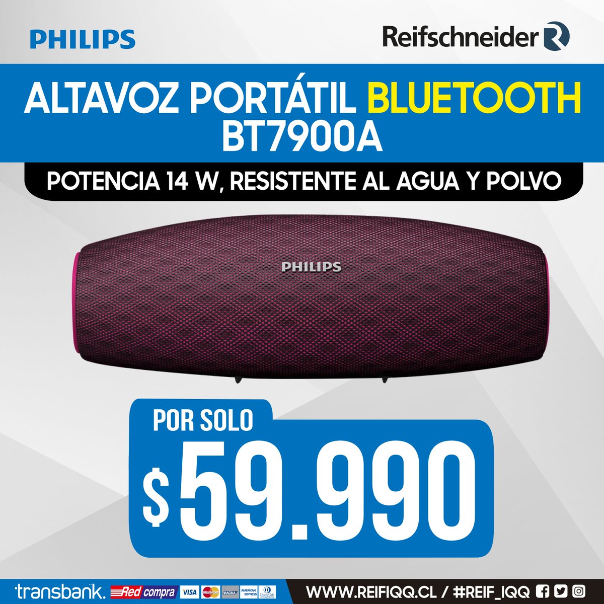 Reif_Iqq's tweet photo. 🔊EverPlay Altavoz portátil inalámbrico Bluetooth #Philips ( BT7900A)
14 W, 10 horas, Bluetooth de amplio alcance, Resistente al agua y al polvo, Opción de carga rápida.
Llévalo desde $ 59.990.- (*Antes $79.990) / Módulos: 1124, 1133, 2105 &amp; 6000
#Reif_iqq #tarapaca #iquiquegram https://t.co/vQgiWFvstX