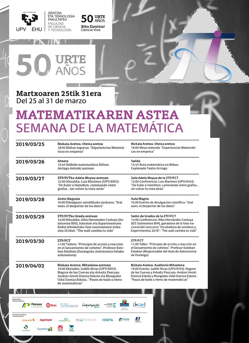 BCAMBilbao's tweet photo. Colaboramos en la conmemoración del 5️⃣0️⃣aniversario de la Facultad de Ciencia y Tecnología de la @upvehu. Actualmente se está celebrando la ‘Semana de la #matemática’ (25-31/3) que contará con varias actividades para todos los públicos @ztf_fct  ℹ️https://t.co/a7DovnYOsB https://t.co/MIri5KcyfW