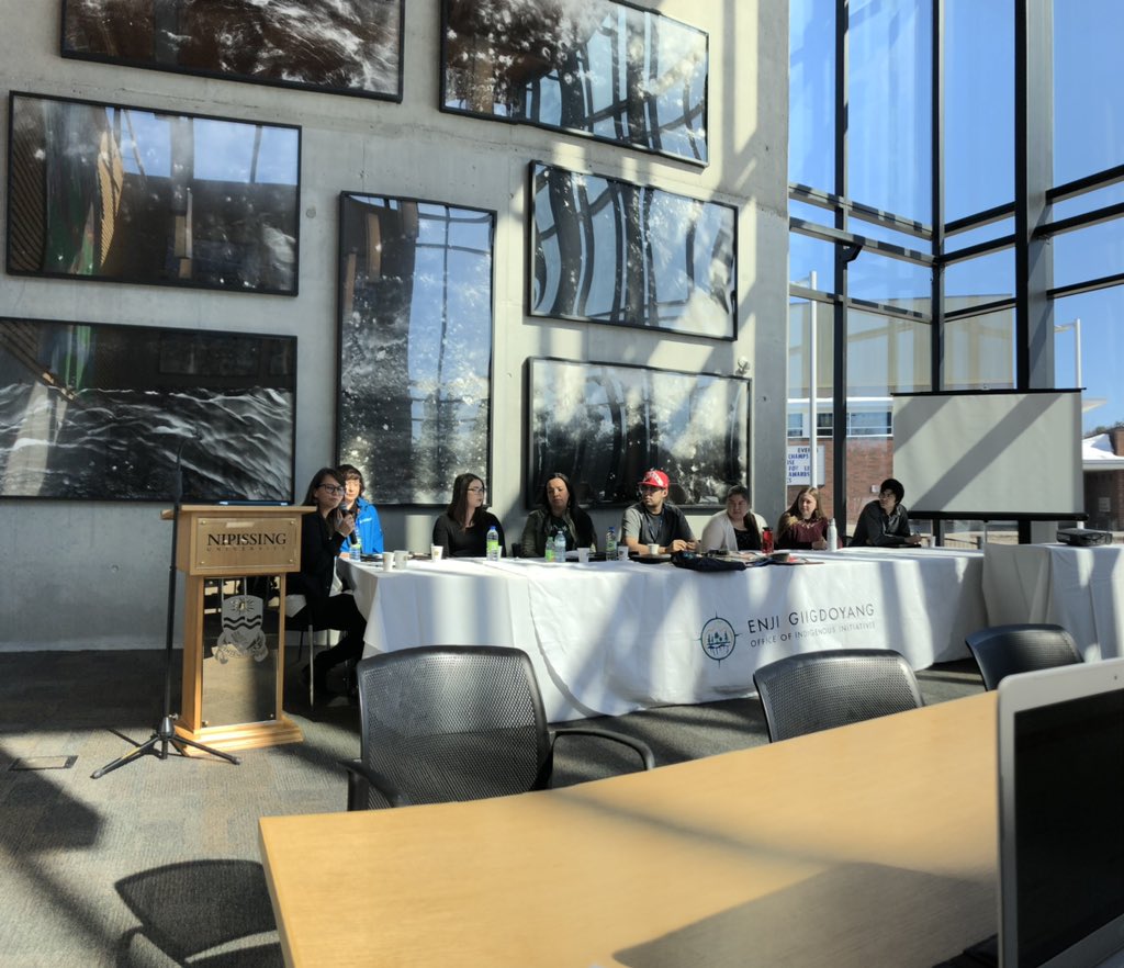 Student panel representing @AlgomaU @LaurentianU @NipissingU and @mylakehead speaking to staff and faculty at the Indigenous Summer Institute Symposium. Contact us for more info or how to apply for the summer institute! #Indigenous #postsecondaryeducation