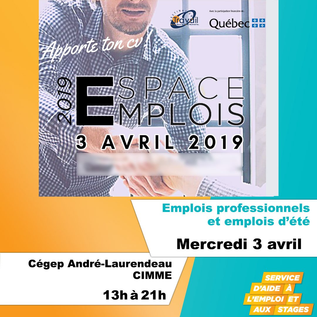 🕵️‍♀️à la recherche d'emploi? 👉 le 3 avril prochain de 13h à 21h aura lieu le salon Espace emplois ici au Cégep. 🤝tu peux rencontrer des employeurs de choix. Pour plus d'information 
↪️bit.ly/2WqXjJl