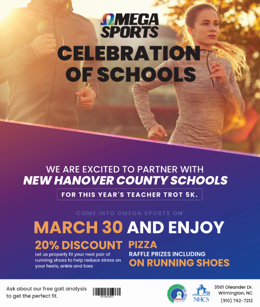 NHCSTeacherTrot's tweet photo. Thank you OMEGA Sports for sponsoring Teacher Trot and hosting "CELEBRATION OF SCHOOLS" on Sat. 3/30. Visit them for 20% discount, fittings, pizza and raffle prizes! @NewHanoverCoSch #NHCSWellness @AndersonElem @WillistonTigers https://t.co/vma6nTU9z4