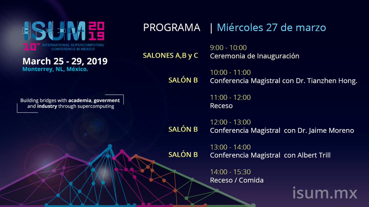 ISUM_SC's tweet image. #AGENDA #ISUM2019
Comenzamos con las Conferencias de la decima edicion del ISUM.
Te compartimos la programación de hoy #27demarzo 

¡Les deseamos mucho éxito!