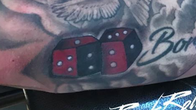 Red Ink Dice Gambling Tattoo On Leg
