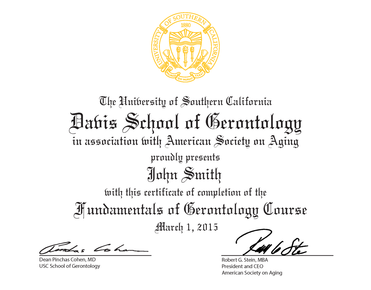 ASAging's tweet photo. USC Leonard Davis School of #Gerontology &amp; ASA are offering an online course:  Fundamentals of Gerontology

Earn a certificate of completion from USC in a flexible online format.
https://t.co/P7zDsahPne #GeroTwitter https://t.co/3RKaJAZmlQ