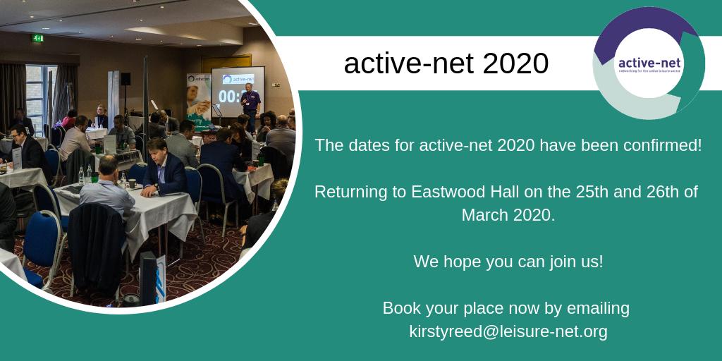 _activenet's tweet photo. Booking is now open for active-net 2020. We’re freezing the prices, so get in early to get the very best deal by emailing kirstyreed@leisure-net.org #activenet2020 https://t.co/aad9ROknMw