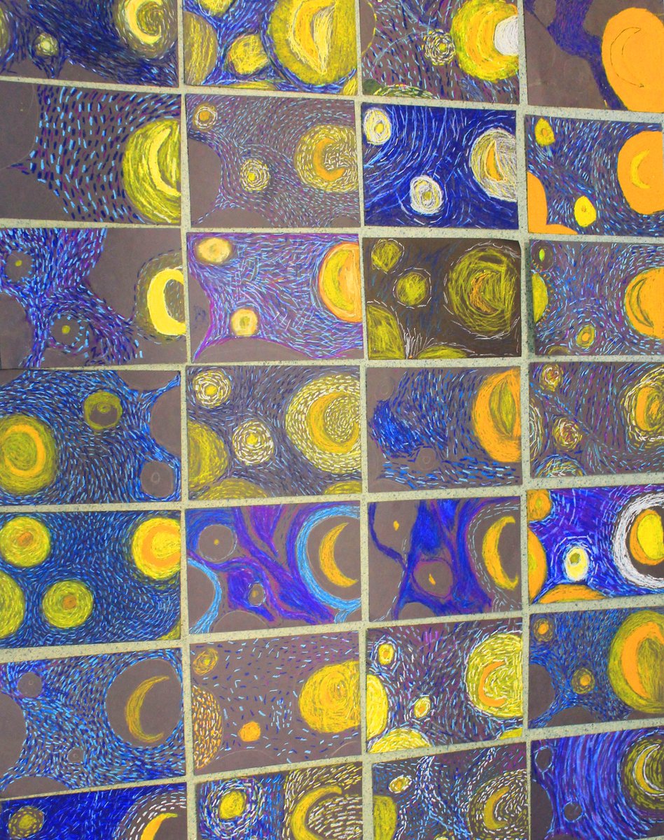 CreativeBLC1's tweet photo. Year 5 are exploring the work of Vincent van Gogh this term and currently doing a fantastic job recreating sections of 'Starry Night' in oil pastel on black paper. They have been persevering with the tricky mark-making, creating movement using dashes of blues and yellows. https://t.co/p7UksGgjGI