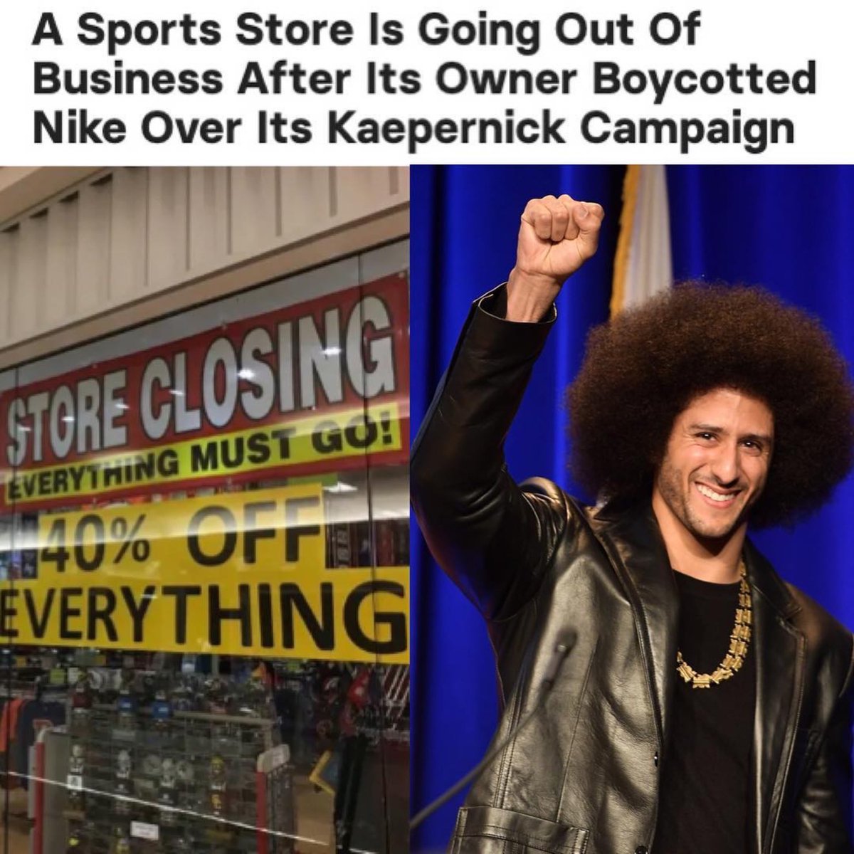 CountzPRVoices's tweet photo. Five months after Prime Time Sports in Colorado started selling Nike goods at half-price “until its all gone,” the store’s owner said he was going out of business. 

#colinkaepernick #takeaknee #nflprotest #nike #imwithkap #notabouttheflag #blacklivesmatter #blm 📷 @buzzfeednews https://t.co/9TSwVGxamu