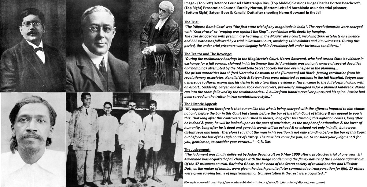 50) Coming out of the Alipore Jail:After initial trial in May-Sep, a hearing began in Oct at the court of Mr. Beachcroft,  #SriAurobindo's fellow scholar at CambridgeSri Aurobindo, who was taken to Alipore jail on 5 May 1908, was acquitted exactly a year later, on 6 May 1909!: