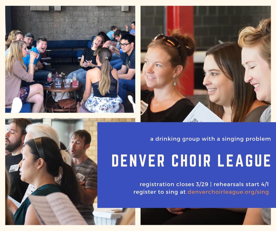 Denver's happy hour choir! We're just as serious about having fun as we are about our music. Join us for 7 weeks of fast-paced, fun rehearsals &amp; HHs starting 4/1 at <a href="/MileHighSpirits/">Mile High Spirits</a>. Interested in trying DCL? Register by Fri: denverchoirleague.org/sing. No audition! #denverchoir