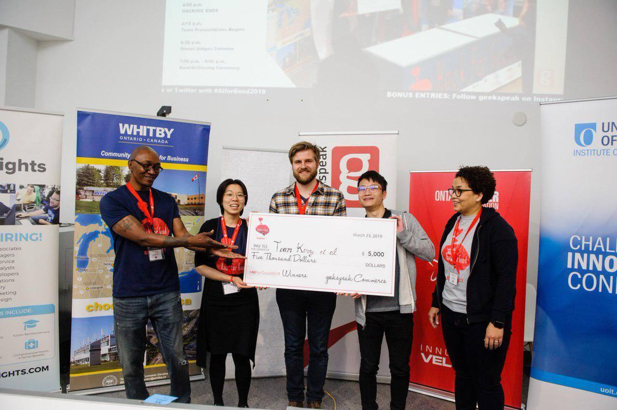 uwhci's tweet photo. Congrats @uwhci's Kenny Fung, Marvin Pafla, Tina Chan, &amp; Andrew Cen, with Joanna Liu for winning @gspkCOMMERCE's #AIforGood2019 hackathon! Their hack performed sentiment analysis on patient journal entries to facilitate future appointments. @WaterlooMath @ahswaterloo @WaterlooENG https://t.co/fkhTBhvNyk