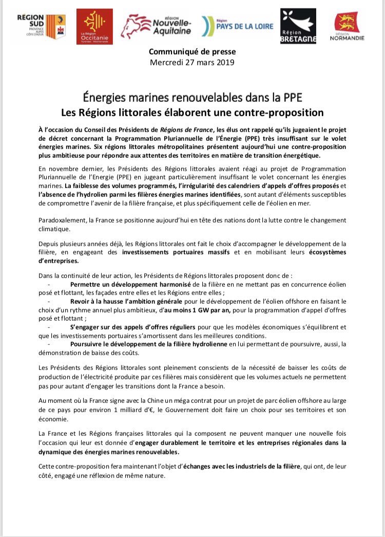 Alors que la France signe un méga contrat pour un parc éolien offshore en Chine, le <a href="/gouvernementFR/">Gouvernement</a> doit faire le choix de ses territoires et de son économie.
Les Régions littorales l’appellent à s’engager pour les entreprises dans la dynamique des énergies marines renouvelables.