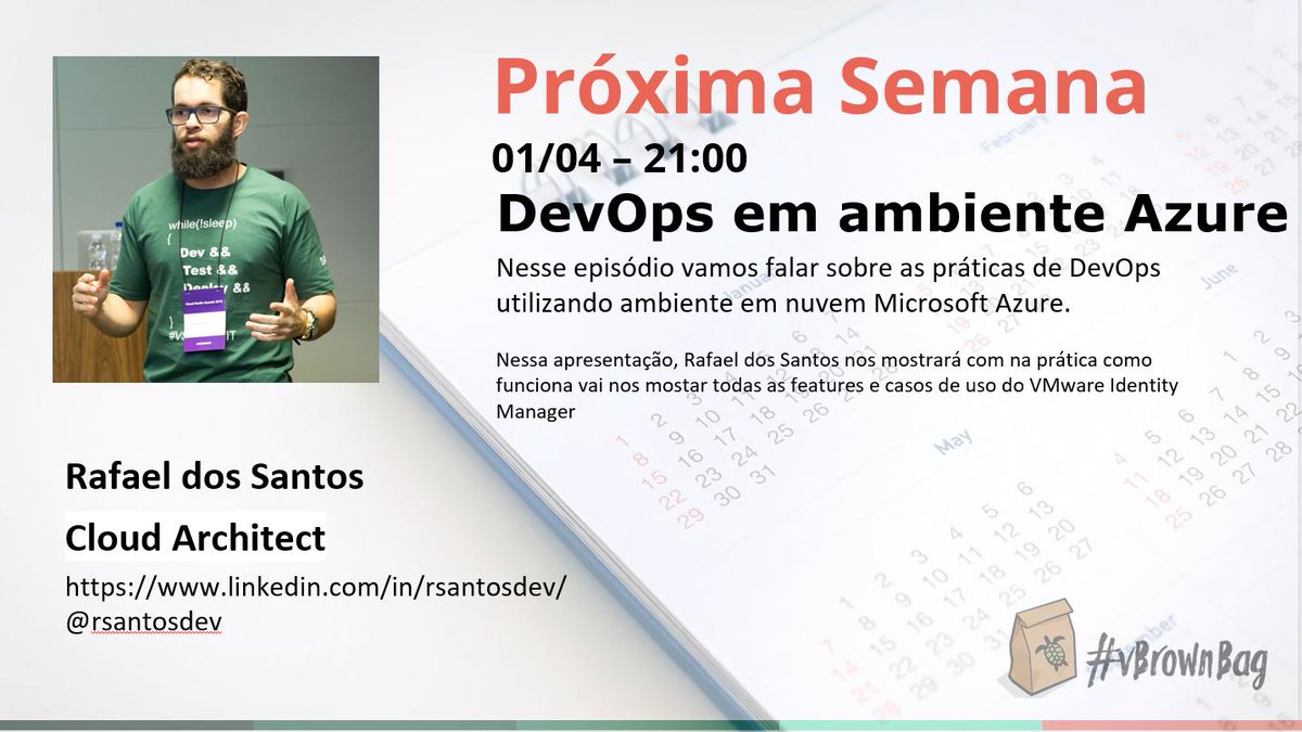 Dia 01/04 temos um bate papo com o especialista em Cloud e #DevOps <a href="/rsantosdev/">Rafael dos Santos</a>, que nos mostrará o que é e como funciona as práticas de DevOps em ambientes #Azure.

Inscreva-se e garanta sua participação neste episódio!

vbrownbagbrasil.com.br/events/vbrownb…

<a href="/MicrosoftBr/">Microsoft Brasil</a> <a href="/Azure/">Microsoft Azure</a> <a href="/AzureDevOps/">DevOps on Azure</a>