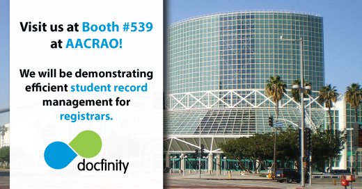 DocFinity's tweet image. We will be demonstrating our award-winning DocFinity software at Booth 539 at #AACRAO19! #DigitalTransformation #ECM #BPM #Workflow #eForms #Processes #Aim2Innovate #HigherEducation #Registrar #studentrecord #student #paperless #content