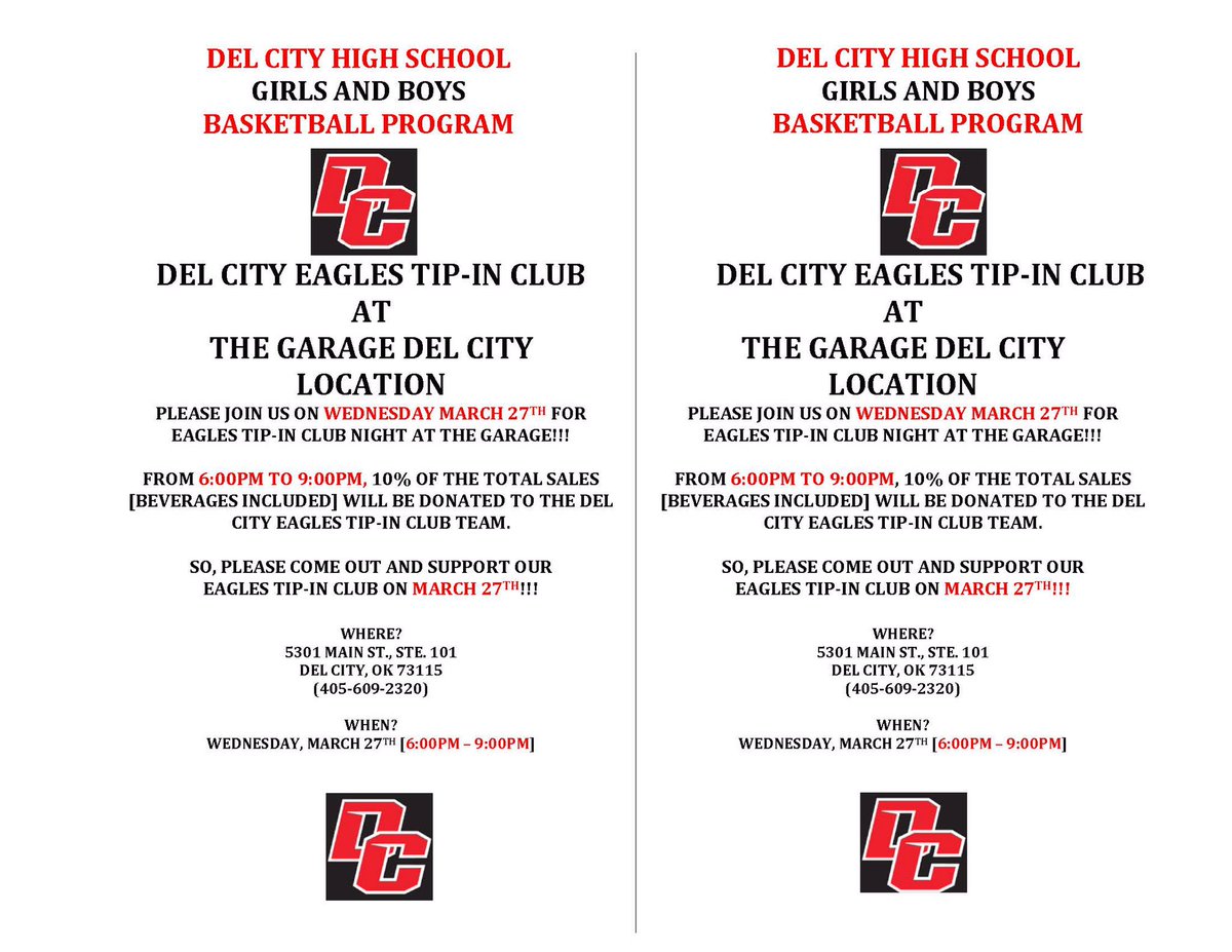 DCHSTIC's tweet photo. Join us today, Wednesday March 27th for great burgers &amp; fresh cut fries!  Tell the Garage you are there for Del City Basketball Program.  10% of proceeds will benefit the Basketball Program from 6 p.m. - 9 p.m.  See you there! #EatAtTheGarage @DelCityEagles @CoachHatchett https://t.co/wErc9opPV4