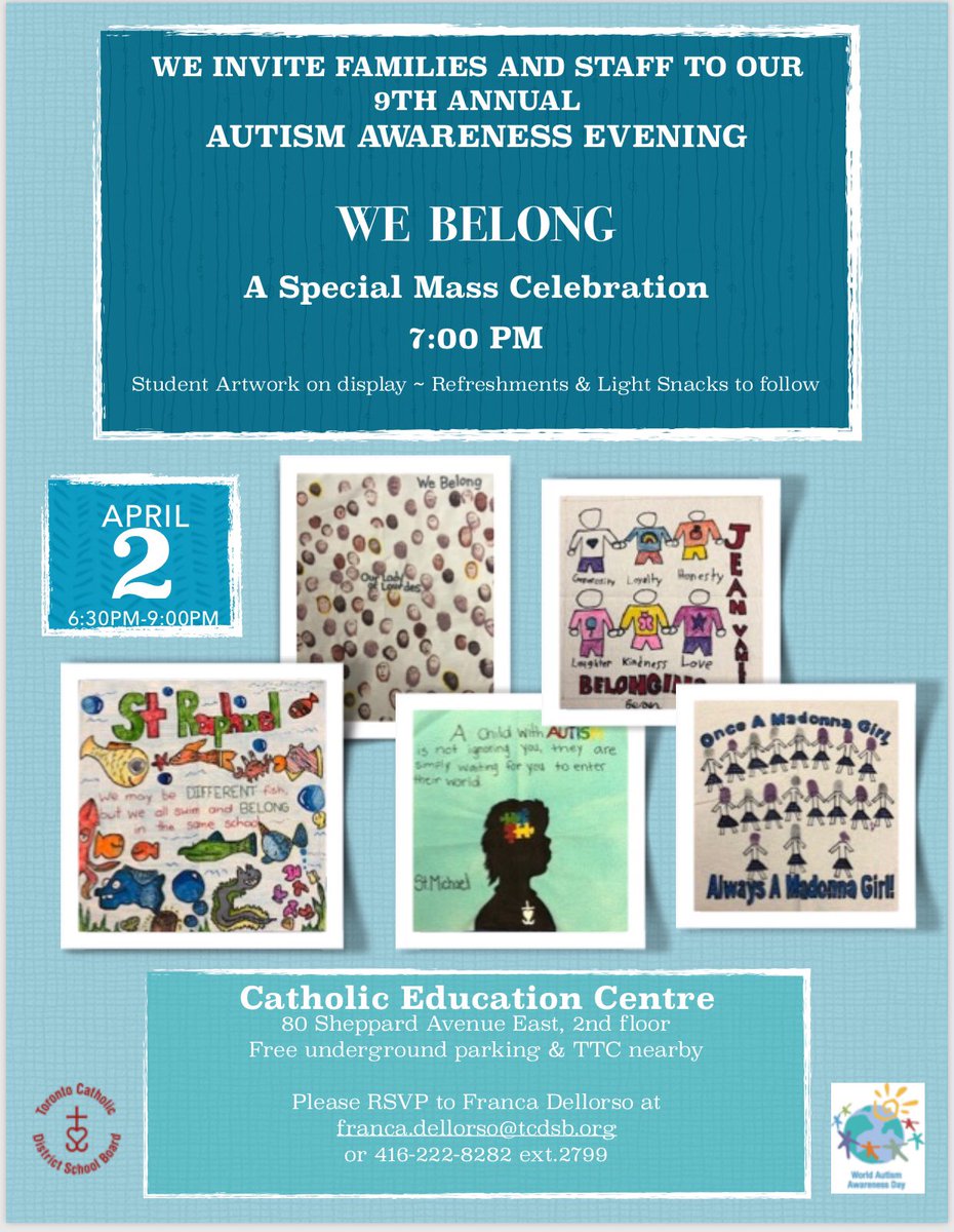 FigueiredoOdile's tweet photo. World Autism Awareness Day is April 2nd. Families and staff are invited to a special event at the Catholic Education Centre in the evening. ⁦@PStachiwTCDSB⁩ ⁦@SOSpecSvcsTCDSB⁩ @TCDSB⁩ #TCDSBAutismAwareness https://t.co/z8hYJ6LoHs