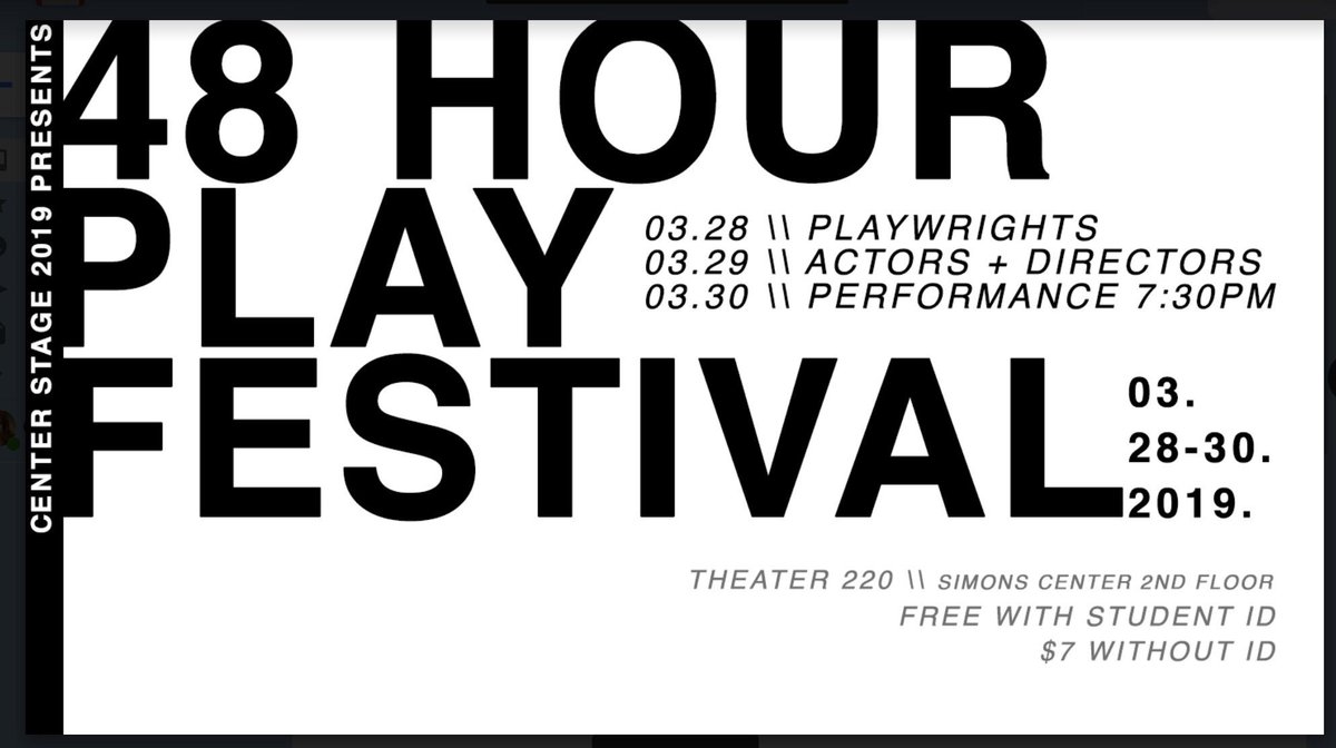 CofCCenterStage's tweet photo. no plans this weekend???! HERES AN IDEA! 

THERE IS STILL TIME TO SIGN UP! Go to our facebook page under events and fill out the links to reserve your spot in 48 hours of theatre (insanity) fun!!!! https://t.co/4dAMxa86my