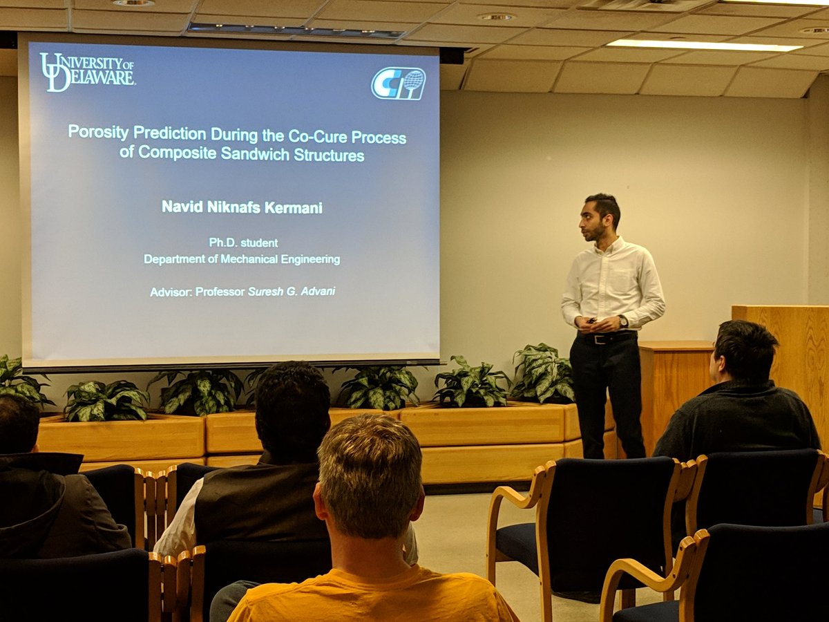 UDCCM's tweet photo. #UDME PhD graduate student, Navid Niknafs Kermani presenting research on Porosity Prediction During the Co-Cure Process of Composite Sandwich Structures @UDCCM #ResearchReview https://t.co/eRi5AgvdFz