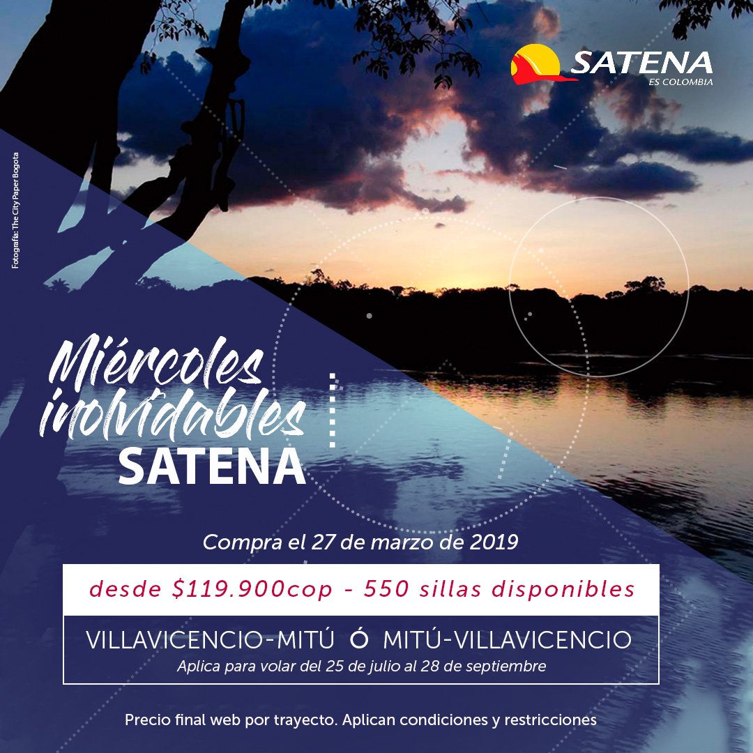 AerolineaSatena's tweet photo. Aprovecha esta #TarifaPromo y vuela entre #Villavicencio y #Mitú desde $199.900 precio final web por trayecto. Ingresa y compra en https://t.co/QoFJjCChaf ¡Tame te espera! https://t.co/3drJFrAwoR
