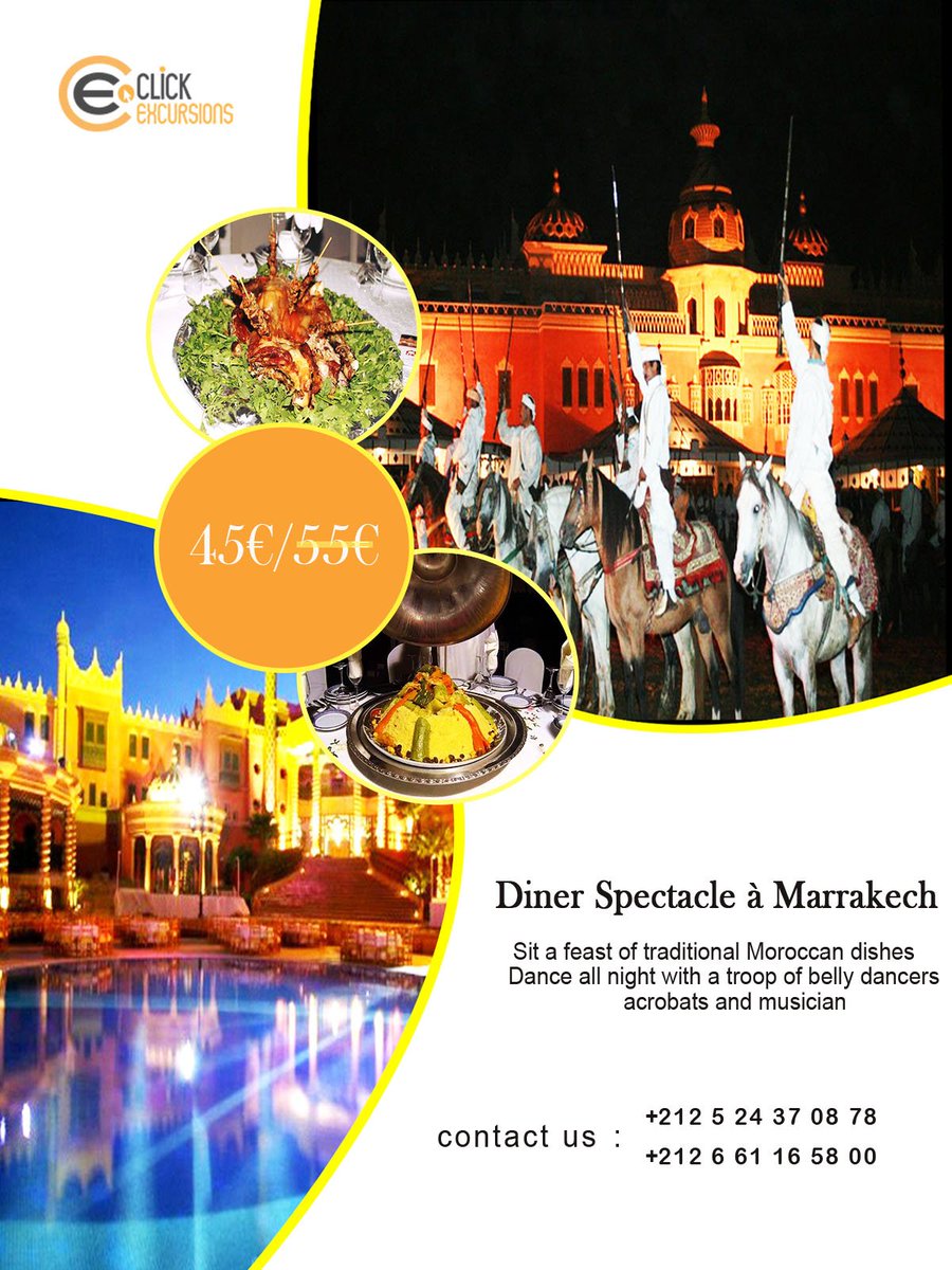 ClickExcursion's tweet photo. Presented in the heart of the palm grove of Marrakech, sheltered from exotic Berber tents, the show is a dazzling, multicolored, accompanied by a typical Moroccan feast served in an outdoor setting. 🎇🥗🍛

#click_excursions #spectacle #dinner https://t.co/nnWYo12RkG