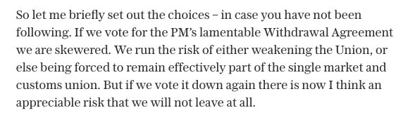 sportingintel's tweet photo. What @BorisJohnson wrote in his Telegraph column ... yesterday. "If we vote for the PM’s lamentable Withdrawal Agreement we are skewered."

Sniffs chance of becoming PM. Changes mind. Utter charlatan chancer.

https://t.co/ournCYHjgz https://t.co/oacshnq1in