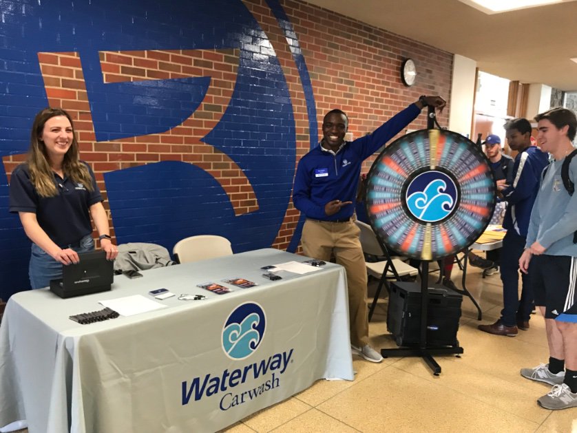 Stop by <a href="/WaterwayCarWash/">Waterway Carwash</a> table and see Jamie and Dre for some fun, some prizes and exciting career and internship opportunities! They’re located outside of the dining room in Massman Hall!