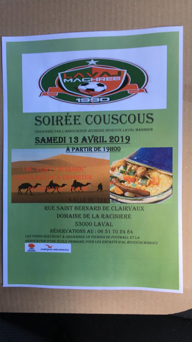 JsLaval's tweet photo. Bonjour,
La soirée couscous afin de financer le projet humanitaire a été déplacé au samedi 13 Avril 2019 dans une autre salle. Veuillez trouvez la nouvelle affiche.
Réservation par mail à jslavalmaghreb@gmail.com ou au 06.51.70.24.84 https://t.co/NzpRTFWPEe