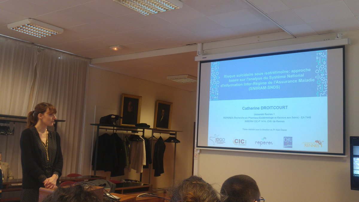 EReperes's tweet photo. Bravo à C. Droitcourt @catherinedroit1 qui a brillamment obtenu son doctorat #PhD en #pharmacoépidémiologie en abordant la question du risque suicidaire de l'isotretinoine à partir des données de l'Assurance Maladie #SNIIRAM #SNDS #dermatologie @nlemeur @LM_Scailteux @BalussonF https://t.co/HR9HQWbadG
