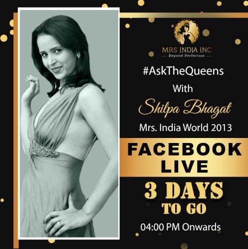 mrsindiainc's tweet photo. Just 3 days to go for the Facebook live session with #MrsIndiaWorld2013 @shilpakbhagat11. Keep your questions ready ladies cause she is excited to answer them all! Tune in on 30th March, 04:00 PM onwards. #AskTheQueens #MrsIndiaWorld #MrsIndiaInc #BeyondPerfection https://t.co/AWtx4AWCeJ