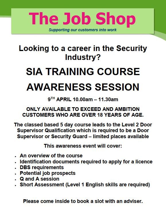 covjobsupport's tweet photo. Looking for a career in the Security Industry?
Book onto the SIA Awareness Session being held at The Job Shop on 09/04/19. 

For more information or to book onto this event, visit us at The Job Shop. 

#Event #Employment #Coventry #JobShop https://t.co/d0uJPOXQTo