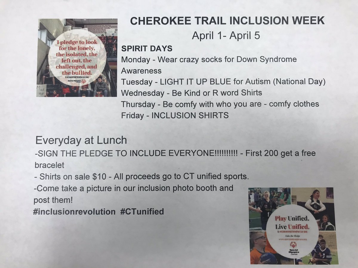 CthsPeer's tweet photo. HEY CT participate in inclusion week next week APRIL 1-5 and dress up for spirit week! Get your inclusion shirt for $10 at lunch! https://t.co/zheJVW4W78