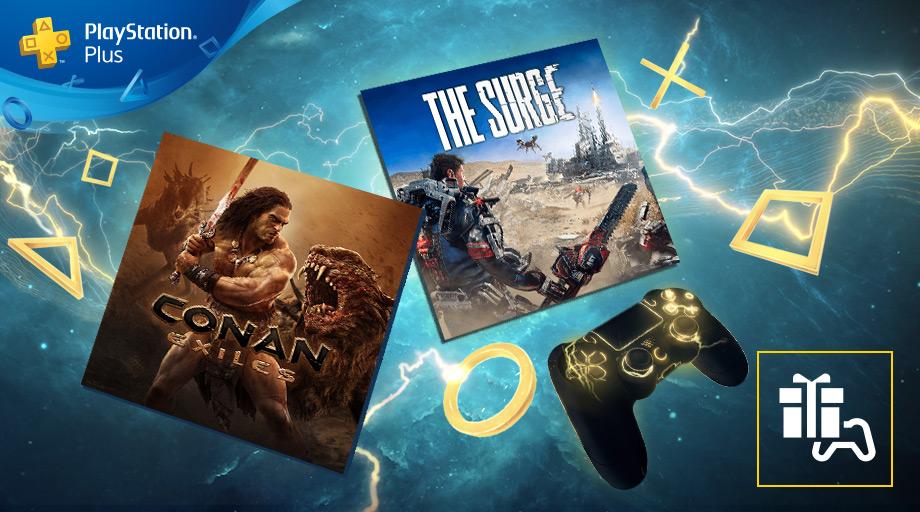 PlayStationEU's tweet photo. Survive a brutal civilisation in Conan Exiles, or fight for your life in The Surge’s uncompromising dystopian future, coming to PS4 as April’s PS Plus games: https://t.co/dmzTXqaqbm https://t.co/M9rwEi18lN