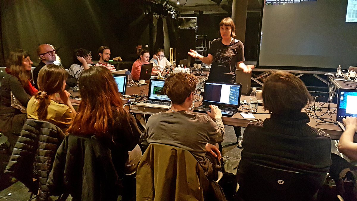 aksiomaorg's tweet photo. Surveillance Override workshop in Ljubljana ➡️ @woolypixel introduces participants to the basic building blocks of computer networking, command line interface and WiFi communication. #criticalengineering #tacticspractice https://t.co/dpnxbGstRO