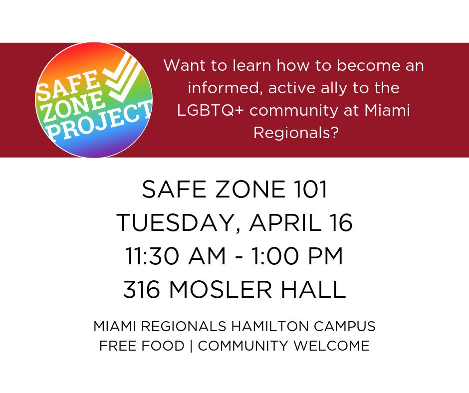 MUHPride's tweet photo. Our next free Safe Zone 101 workshop will be held on Tuesday, April 16 at 11:30 AM in 316 Mosler Hall on the @MiamiRegionals Hamilton campus. This workshop offers the opportunity to learn how to become an informed, active ally to the LGBTQ+ community. #MiamiOH #MiamiOHRegionals https://t.co/puXWUVe1NS