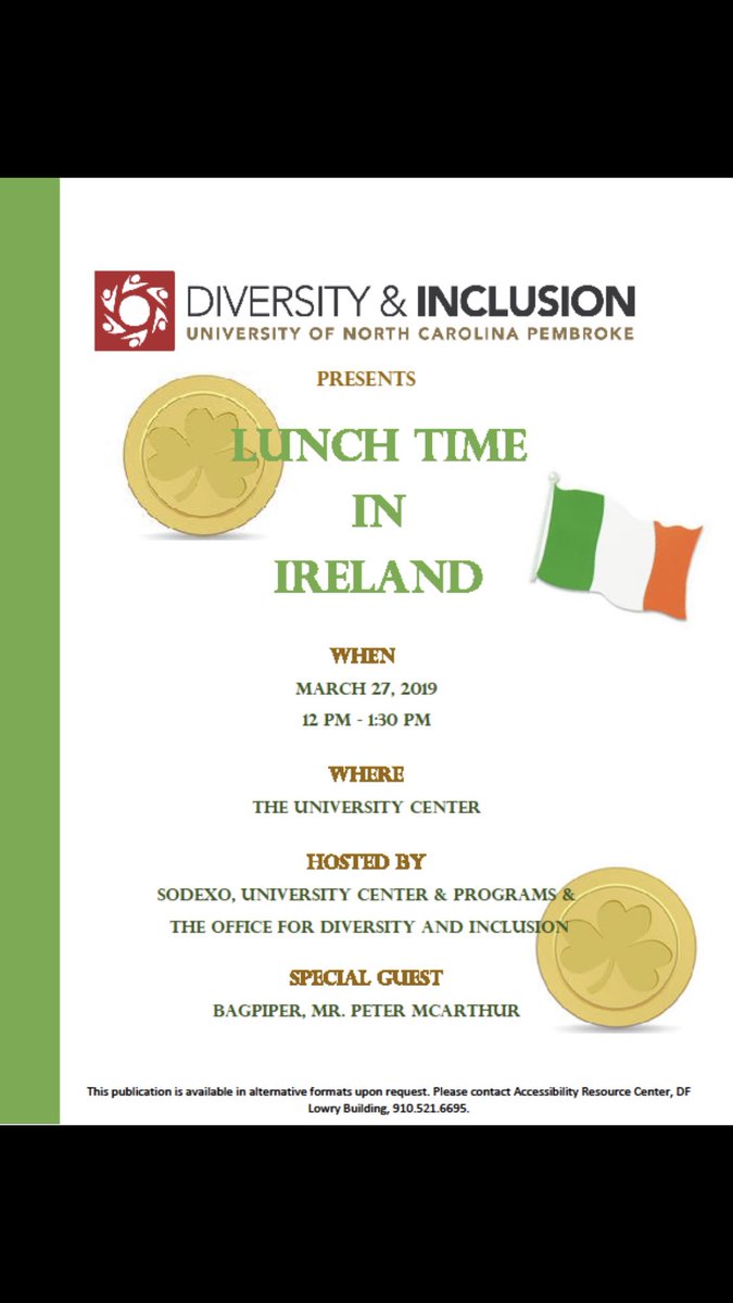 Chy_Alexis's tweet photo. @UNCPODI is celebrating Irish Heritage Month with a musical performance by a bagpiper in the UC. @UNCP_UC  Please come out and support. There is also an Irish inspired lunch in the cafe.🍀🧡 https://t.co/BQkh7aT7Jf