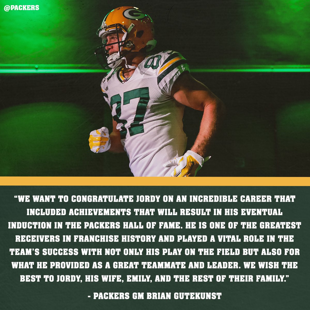 packers's tweet photo. Congrats on an incredible career, @JordyRNelson 🙌

#ThankYouJordy https://t.co/CsQkLh8uFy