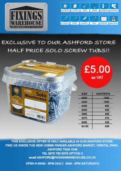 Get down to our Ashford store for a great deal in Solo Screws