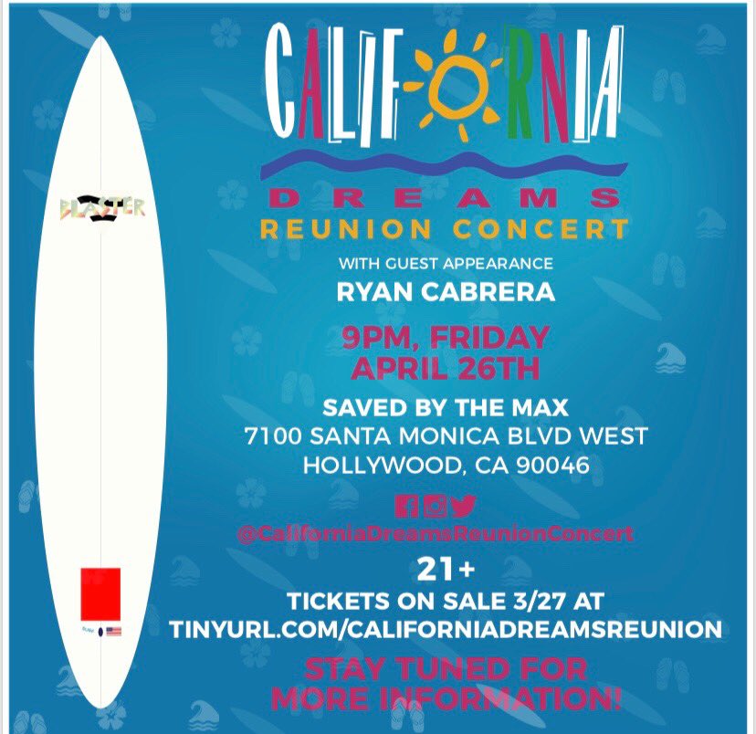 mtgarrett's tweet photo. #californiadreams fans!  If you don’t know, they are doing a ONE NIGHT ONLY reunion concert at @SavedByTheMax in Hollywood on 4/26!  Yours truly on drums!  Tix on sale at 10AM today!  You don’t want to miss this! https://t.co/xIiPOj6Q5J