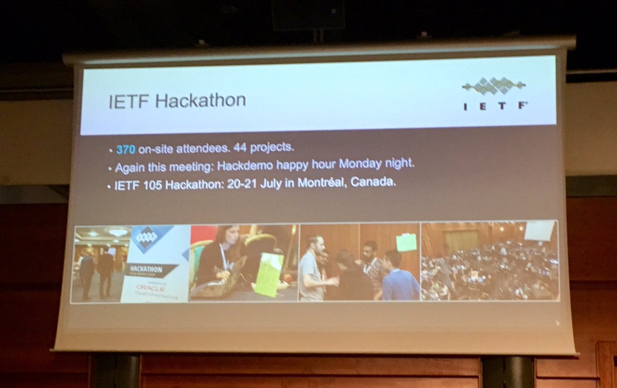 Fantastic #IETFHackathon at #IETF104 highlighted during plenary session by @ietf Chair @alissacooper. Looking forward to next one in Montreal #GonnaNeedaBiggerRoom @ietf @CiscoDevNet @OracleCloud