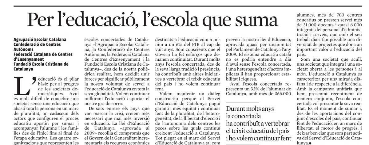 Durant molts anys l'escola concertada ha contribuït a vertebrar el teixit educatiu del país i ho volem continuar fent.  

📰 El nostre article d’avui a <a href="/LaVanguardia/">La Vanguardia</a>