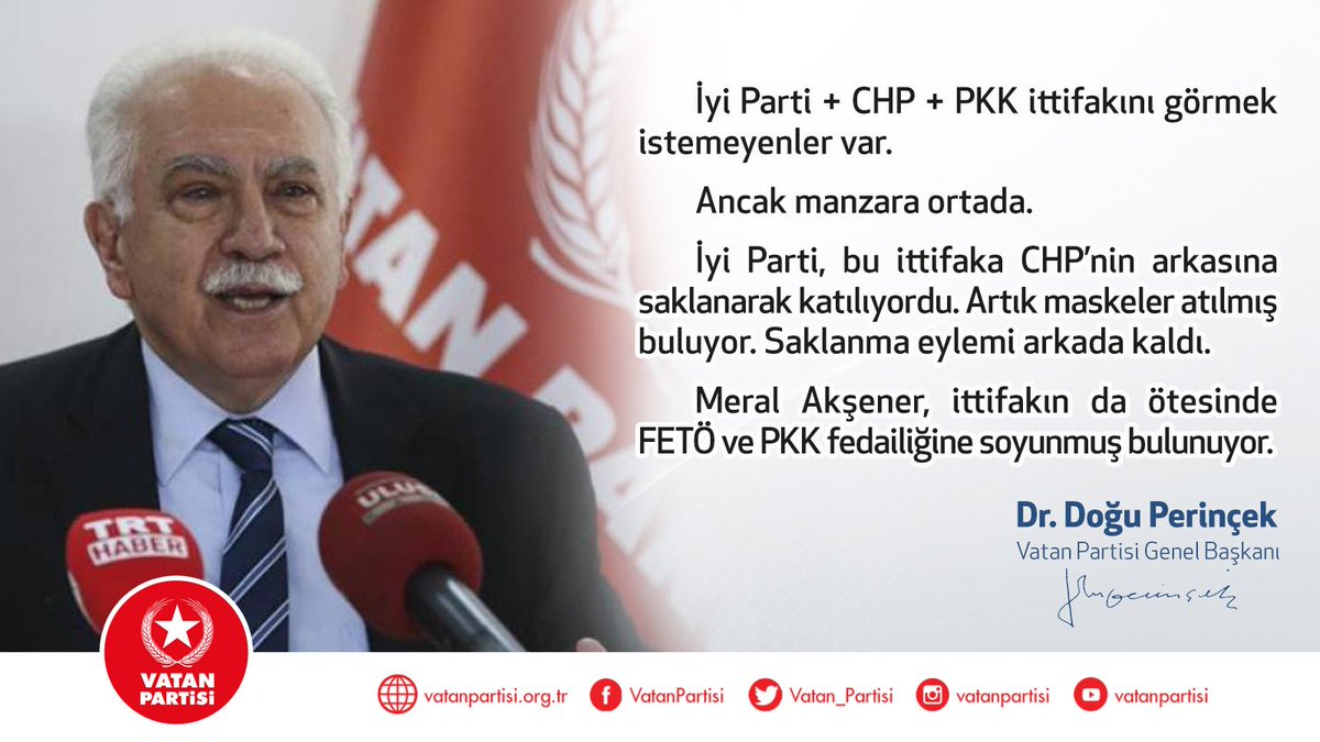 FETÖvePKKnın UmuduAkşener

İyi Parti + CHP + PKK ittifakını görmek istemeyenler var.  

Ancak manzara ortada. 

İyi Parti, bu ittifaka CHP’nin arkasına saklanarak katılıyordu. Artık maskeler atılmış buluyor. Saklanma eylemi arkada kaldı.
vatanpartisi.org.tr/genel-merkez/b…