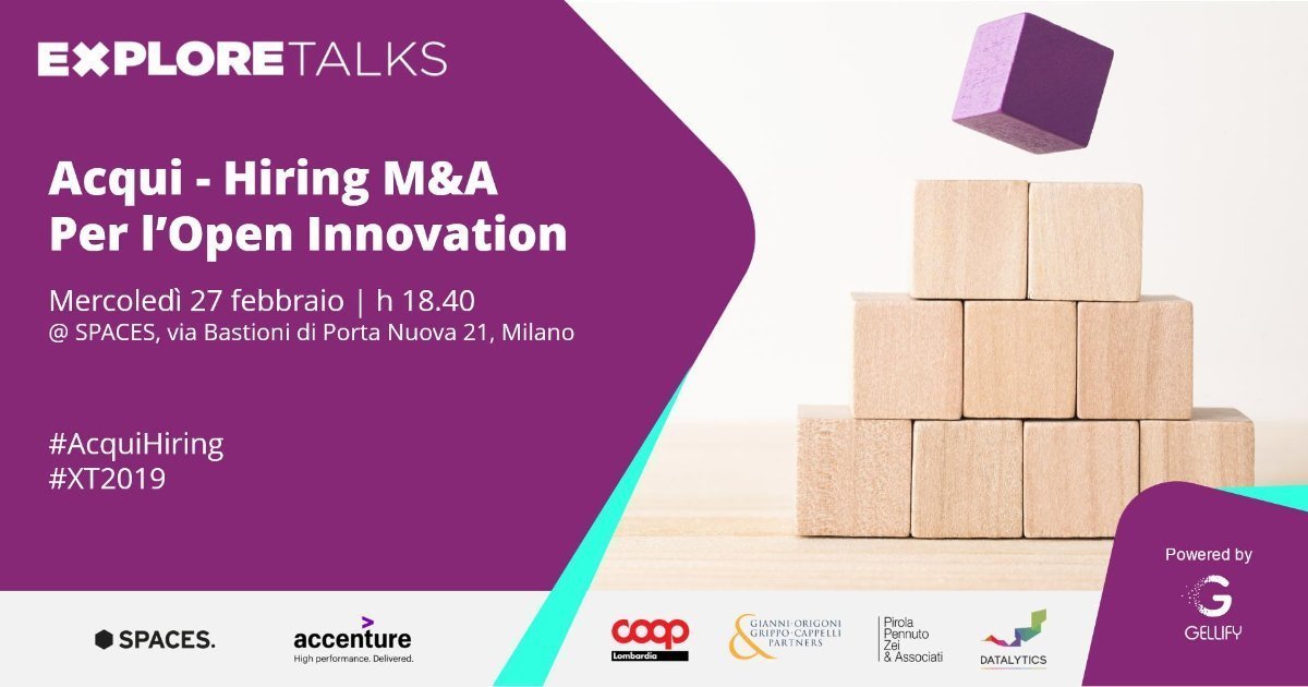 Openjobmetis's tweet photo. Si parla di #AcquiHiring M&A stasera all’#ExploreTalks di @Gellify. Tra i relatori il nostro AD @rasizza e il co-founder @ri_galli di @Meritocracy_is #XT2019 https://t.co/FTSIQv1L9O https://t.co/nqjzU8VLPM