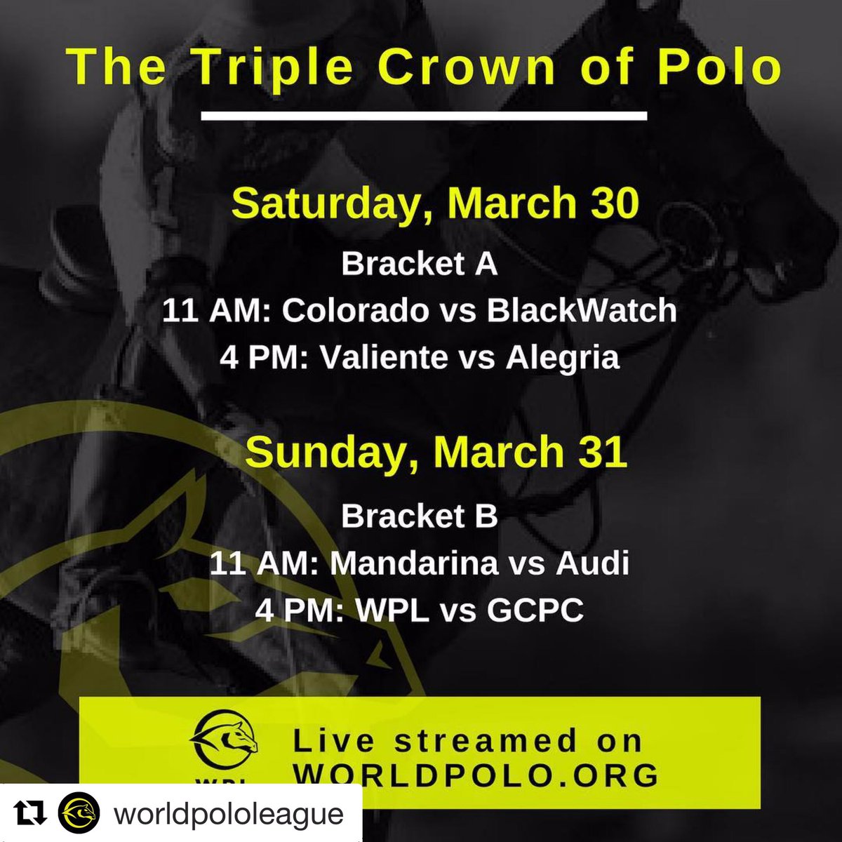 Watch the <a href="/AlegriaPolo/">Alegria Polo</a> Team live at the <a href="/worldpololeague/">World Polo League</a>’s #TripleCrownOfPolo #Opener, this Saturday, March 30th at 4pm #Florida-time 😃💪🏻👊🏻 >> worldpolo.org #worldpololeague #palmbeachopen #palmbeachpolo #uspolo #highgoalpolo #polo #wellington #poloschedule