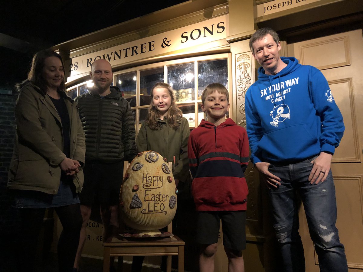darncancer's tweet photo. Leo, family and myself moments before arguing over who gets to break it open! Huuuuge and amazing bespoke egg won by Leo for his logo design for @seancoxheadfun1 thanks to @yorkschocstory! https://t.co/sM7ivJm8rK