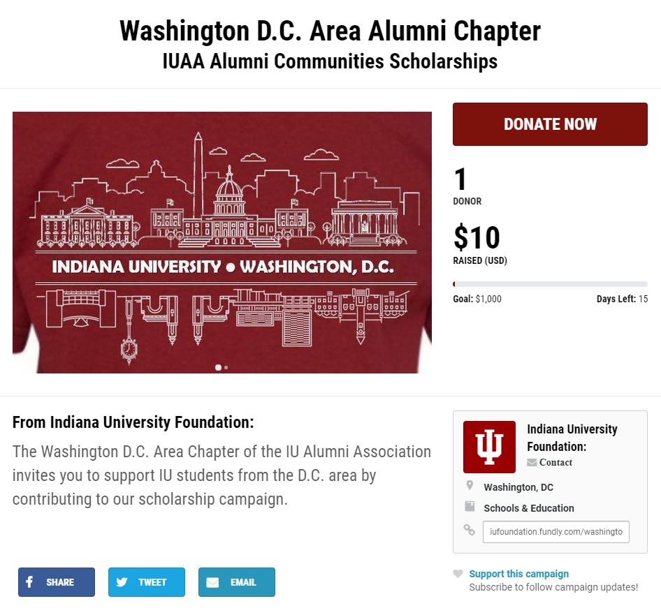 OUR CAMPAIGN NEEDS YOUR SUPPORT! Last year we raised over 1000 dollars for the IUAA scholarship! Let's do it again!!!
#IUDAY #FUNDLY #Scholarship #IUAA #IUinDC #GOHOOSIERS #HOOSIERS #Alumni #IU #GOBIGRED #DCALUMNI #DCIUAA

iufoundation.fundly.com/washington-dc-…