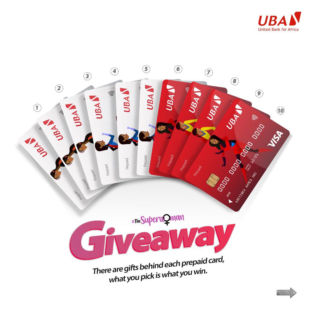 UBAGroup's tweet image. We are giving out free prepaid cards with up to N30,000 pre-loaded.  
All you need to do is follow the instructions below. Winners will be chosen at random.  
#TheSuperWoman #UBAPrepaidCards #AfricasGlobalBank