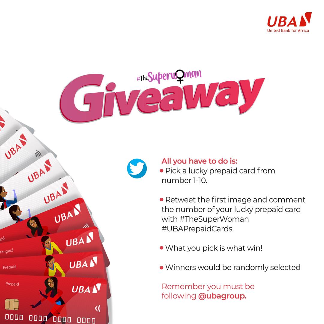 UBAGroup's tweet image. We are giving out free prepaid cards with up to N30,000 pre-loaded.  
All you need to do is follow the instructions below. Winners will be chosen at random.  
#TheSuperWoman #UBAPrepaidCards #AfricasGlobalBank
