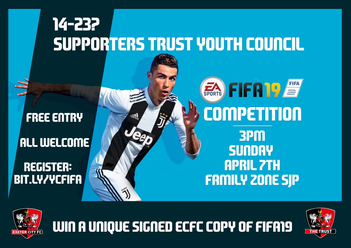 OfficialECFC's tweet photo. 🎮 Think you're the best at @EASPORTSFIFA? Here is your chance to prove it! 

Aged 14-23? @ECFCTTF Youth Council are holding a FIFA 19 Competition on April 7. Win a unique ECFC Signed copy of FIFA 19! Refreshments provided. 

🚨 Register here: https://t.co/hvO3fJaChD  

#ECFC https://t.co/jzfW27H60p