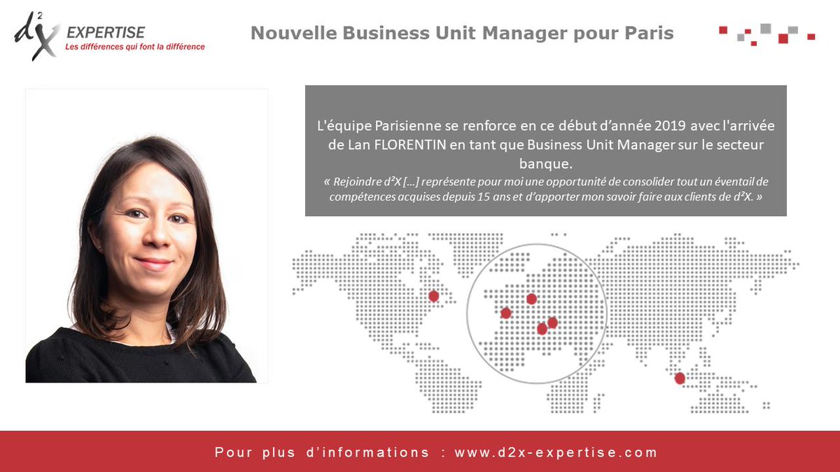 d2xExpertise's tweet photo. Bienvenue à Lan FLORENTIN, qui rejoint l’équipe Parisienne en tant que Business Unit Manager sur le secteur de la Banque.

https://t.co/kGcJxobgI9 https://t.co/wSGFlV5H01
